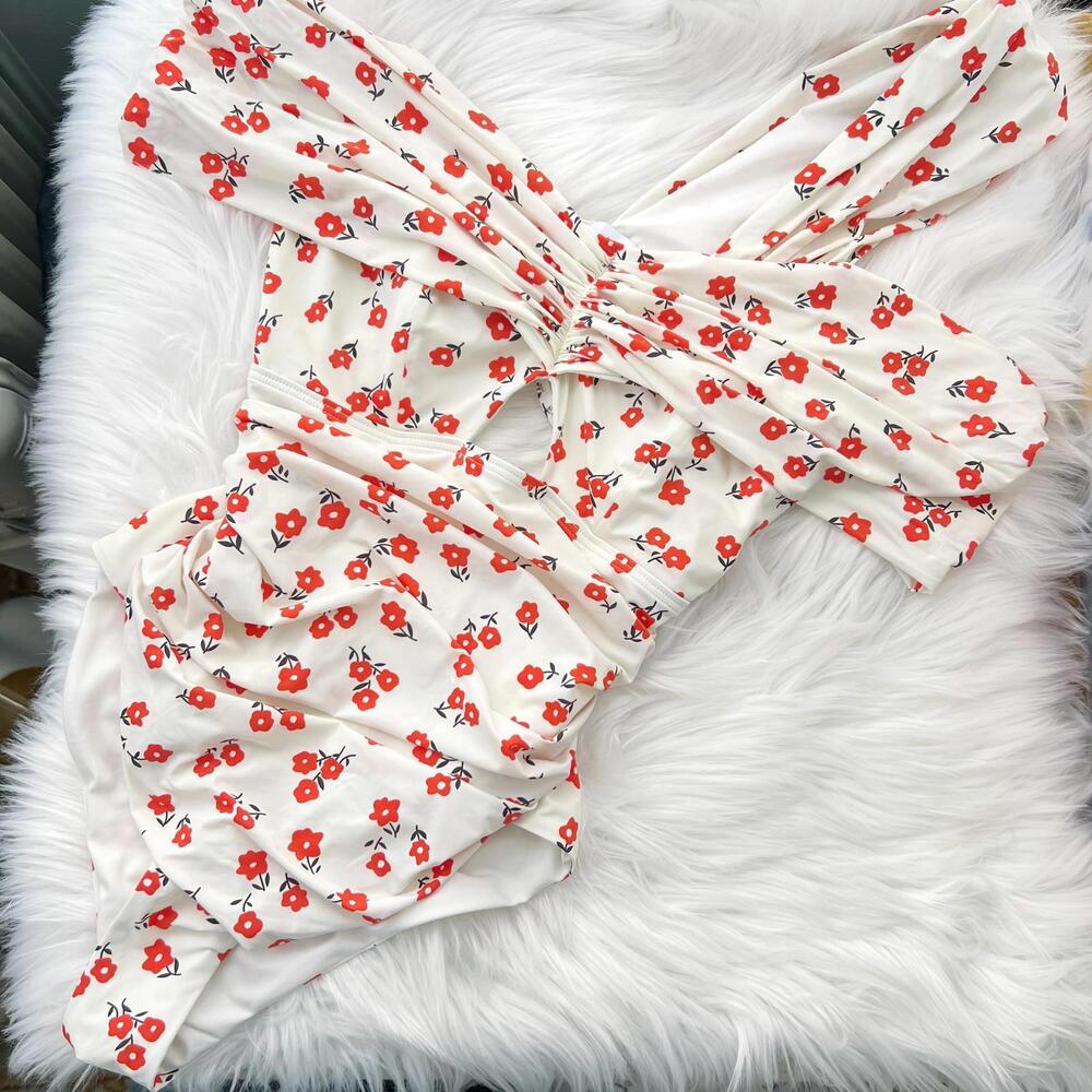 Self-Portrait - Orange floral cream one piece cut-out swimsuit carrying bag 6 US